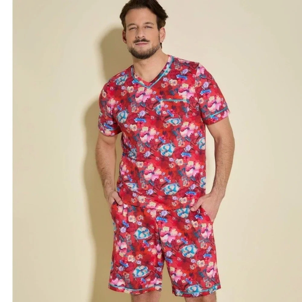 Cosabella Bella Mens Printed SS Top Short PJ Set Faded Rose Andaman Sea Large